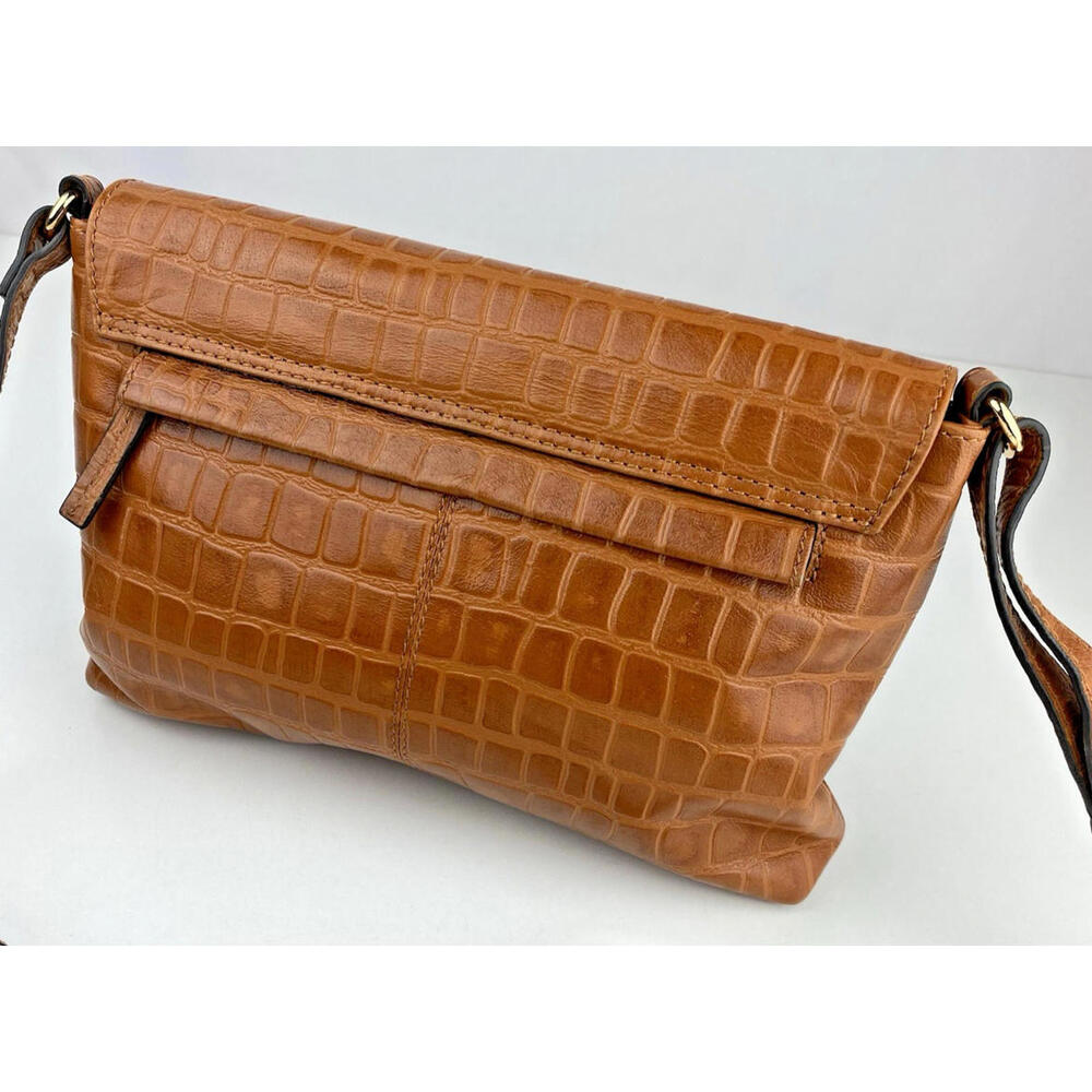 Ashwood Croc Embossed Leather Cognac Cross Body Bag Shoulder Classic Brown EUC
